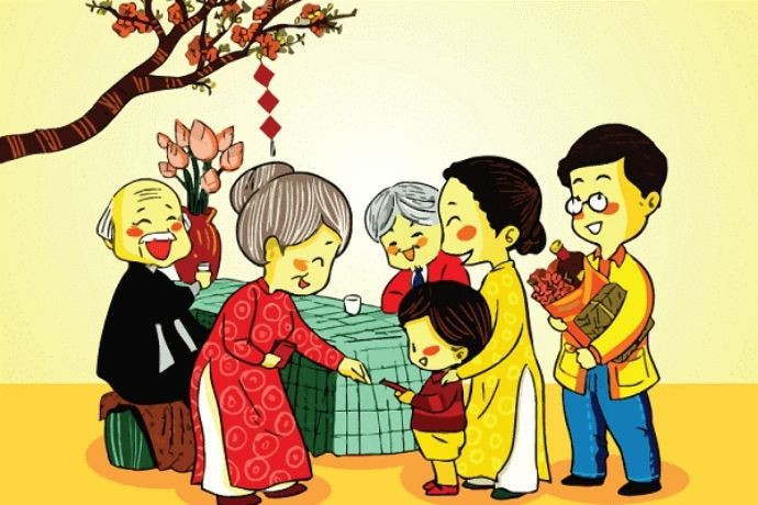 Ý tưởng vẽ tranh Tết đơn giản cảnh ông bà mừng tuổi cho cháu