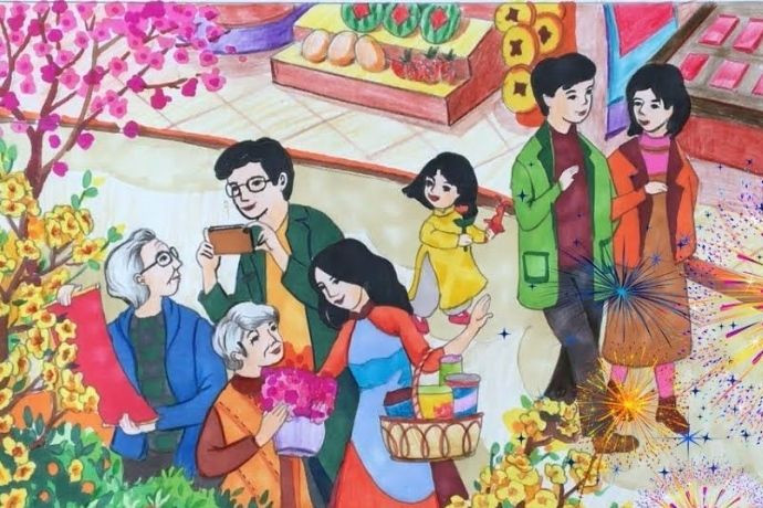 Ý tưởng vẽ tranh Tết đơn giản về không khí nhộn nhịp của chợ Tết
