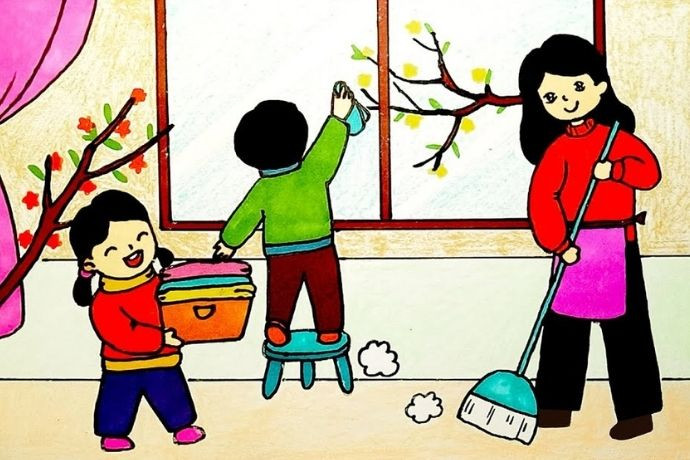 Ý tưởng vẽ tranh Tết đơn giản về trang trí nhà cửa đón xuân