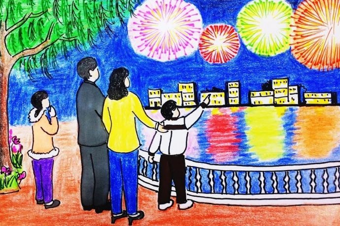 Ý tưởng vẽ tranh Tết đơn giản với cây nêu đêm giao thừa