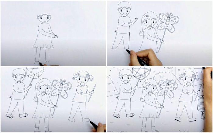 Khám Phá Cách Vẽ Tranh Ngày Tết Đậm Đà Bản Sắc Dân Tộc Tranh vẽ một bé gái mặc áo dài đang vui vẻ vẽ cảnh múa lân rộn ràng ngày Tết