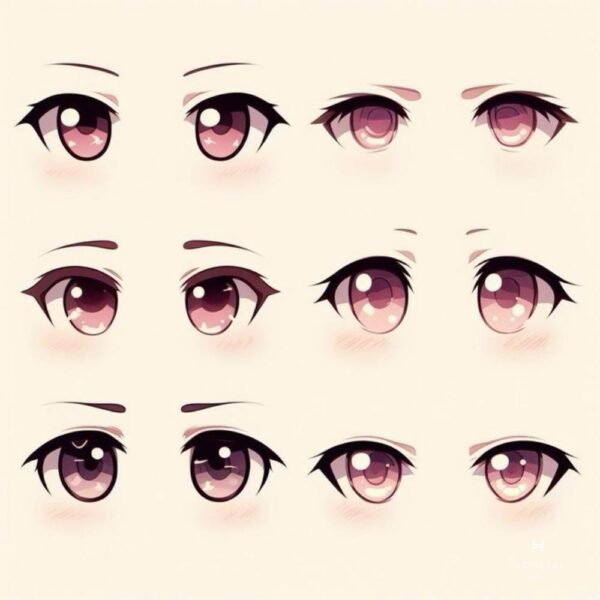 Hình ảnh chi tiết cấu trúc cơ bản của một đôi mắt anime nữ đẹp long lanh, thể hiện rõ các bộ phận