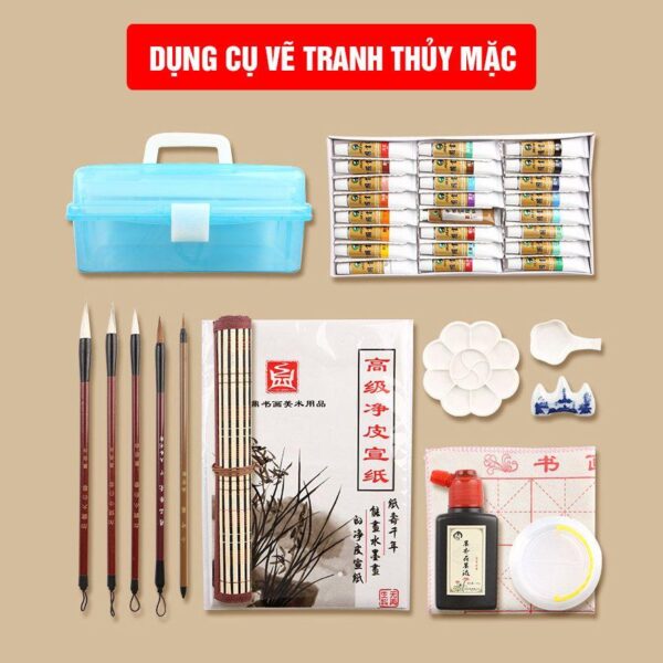 Khám Phá Cách Vẽ Tranh Thủy Mặc Đơn Giản Cho Người Mới Bộ dụng cụ cơ bản cần thiết để bắt đầu học cách vẽ tranh thủy mặc bao gồm bút lông, mực tàu, giấy xuyến và nghiên mực