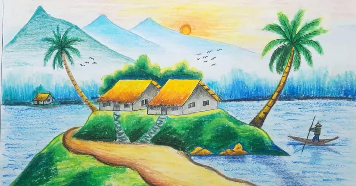 Hoàn thiện các chi tiết trong bức tranh phong cảnh chì đơn giản vẽ cảnh núi non và dòng sông uốn lượn