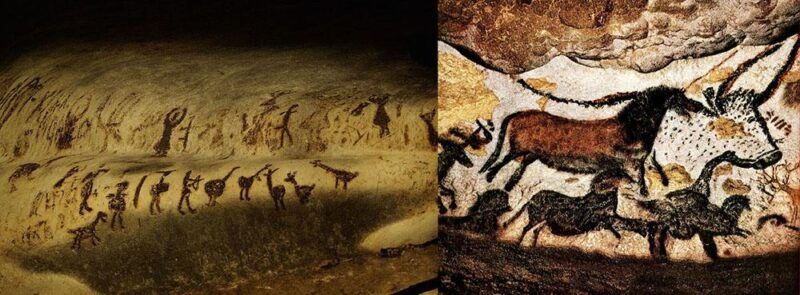 Hình ảnh người Việt cổ đang sáng tạo các tác phẩm nghệ thuật đầu tiên trong hang động, thể hiện đời sống nguyên thủy