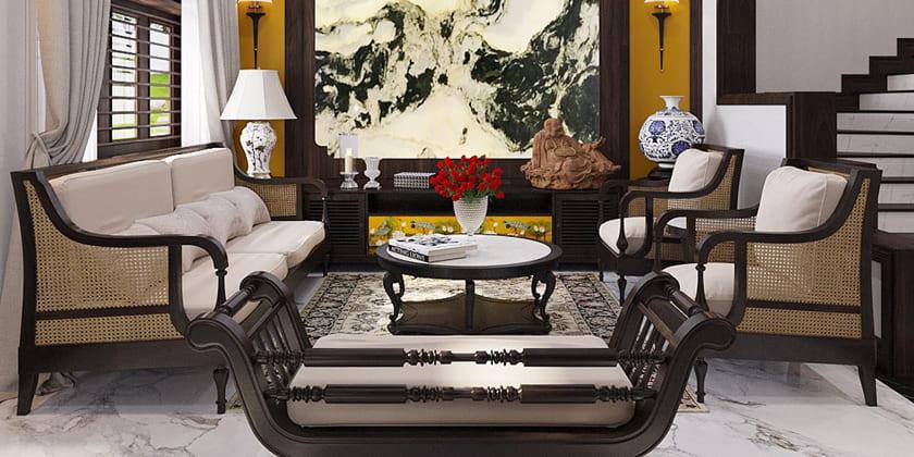 Khám Phá Kiến Trúc Đông Dương Là Gì Và Nét Đặc Trưng Không gian nội thất phong cách kiến trúc Đông Dương với đồ gỗ và họa tiết truyền thống