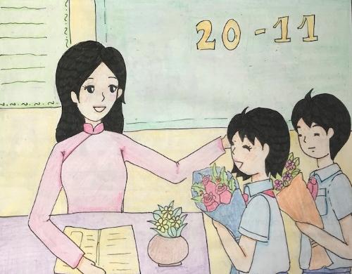 Khám Phá **Cách Vẽ Cô Giáo Đang Giảng Bài** Sinh Động Phác họa bố cục tổng thể chi tiết cho bức tranh vẽ cô giáo đang giảng bài trên lớp học