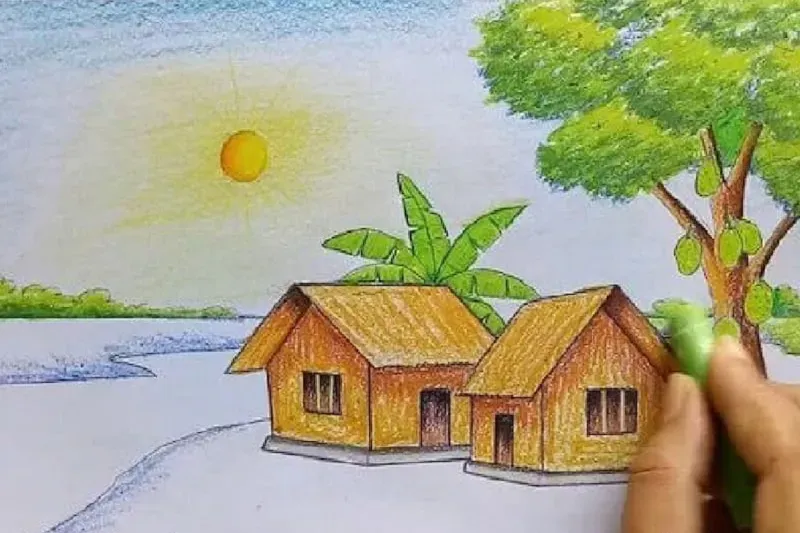 Phác thảo bố cục cơ bản chi tiết cho bức tranh đồng lúa chín vàng đơn giản