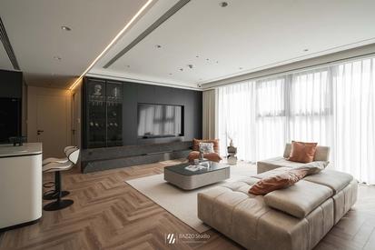 Thiết kế mặt bằng không gian mở hiện đại với sự kết nối giữa phòng khách, bếp và khu vực ăn uống