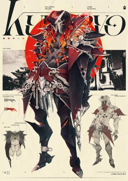 Chi tiết thiết kế trang phục cổ trang độc đáo và cầu kỳ cho nam nhân anime, bao gồm áo choàng và các phụ kiện đi kèm