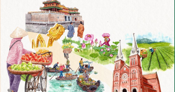 Bức tranh vẽ cổng Tam Quan Văn Miếu Quốc Tử Giám do học sinh thực hiện với màu sắc tươi sáng