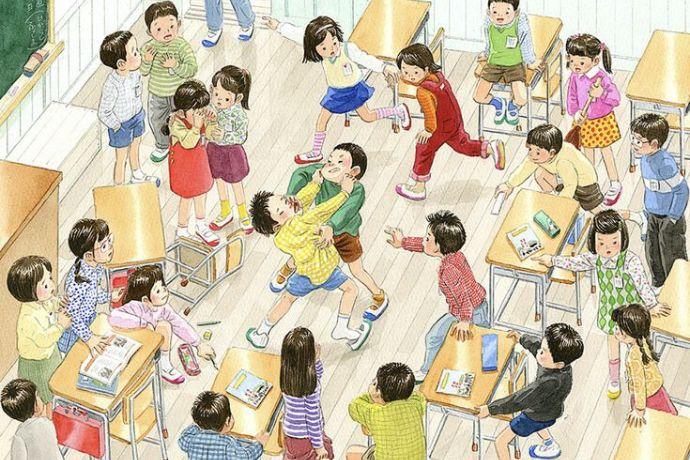 Bức tranh vẽ bạo lực học đường thể hiện hình ảnh nạn nhân cô đơn và sợ hãi trong góc tối trường học