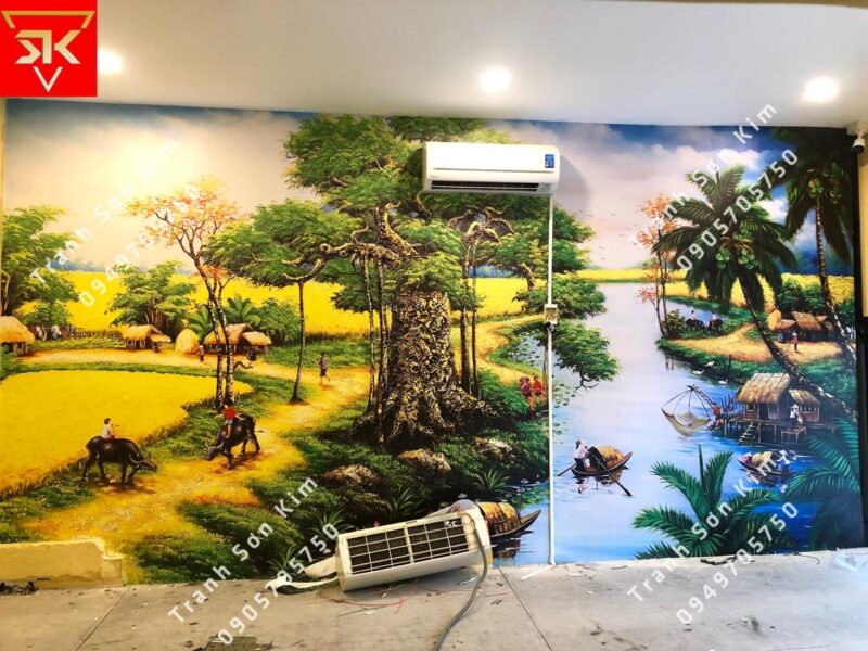 Khám Phá Vẻ Đẹp Tranh Vẽ Cảnh Đồng Quê Bình Yên Tranh vẽ cảnh đồng quê Việt Nam với lũy tre xanh, con trâu đang gặm cỏ bên đồng lúa, thể hiện nét bình dị