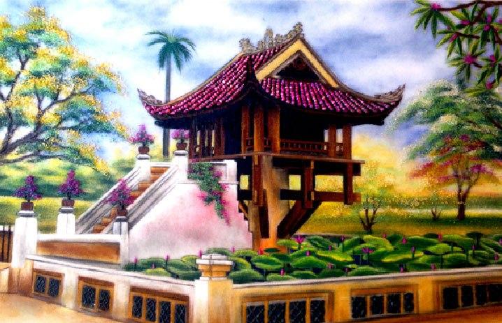 Nét Đẹp Kiến Trúc Trong Tranh Vẽ Chùa Một Cột Tranh vẽ Chùa Một Cột với kiến trúc độc đáo trên một trụ đá duy nhất giữa hồ sen