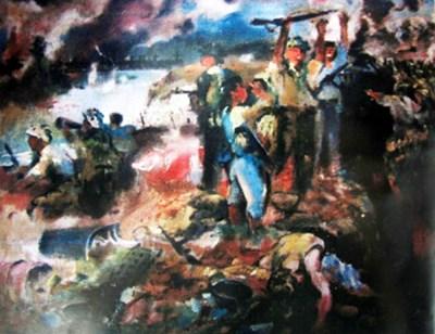 Bức tranh vẽ cảnh bộ đội kéo pháo vào trận địa Điện Biên Phủ dưới mưa bom bão đạn thể hiện ý chí sắt đá