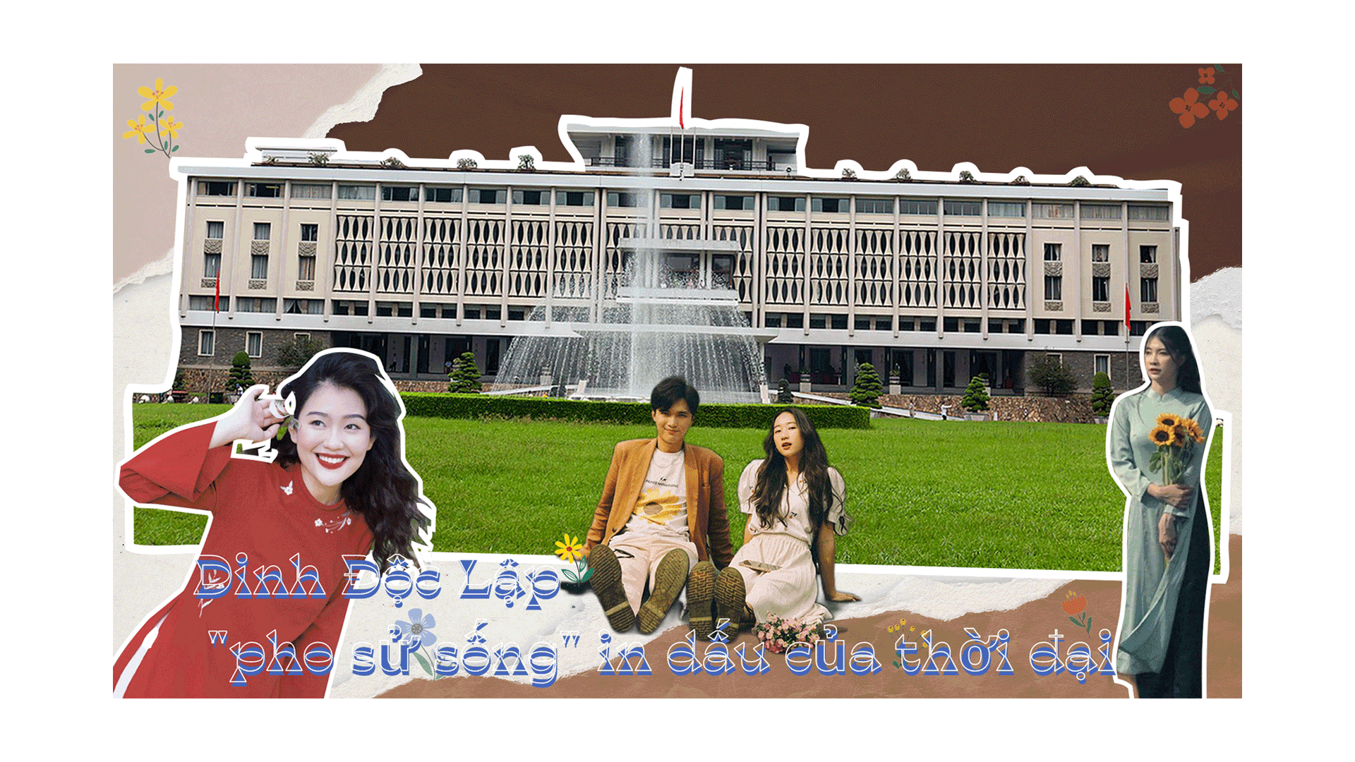 Tranh vẽ Dinh Độc Lập thể hiện kiến trúc mặt tiền uy nghi và khuôn viên xanh mát