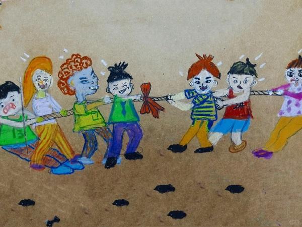 Tranh vẽ đề tài lễ hội dân gian độc đáo với các trò chơi truyền thống và không khí náo nhiệt