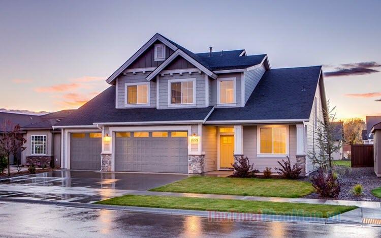 Tranh vẽ về ngôi nhà mơ ước mang phong cách hiện đại, sang trọng với hồ bơi và sân vườn thoáng đãng