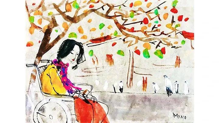 Tranh vẽ sân trường giờ ra chơi với nhiều học sinh đang vui đùa dưới tán cây phượng