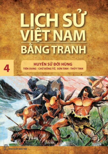 Tranh vẽ Sơn Tinh dũng mãnh, oai hùng đứng trên núi cao chống lại bão lũ do Thủy Tinh gây ra