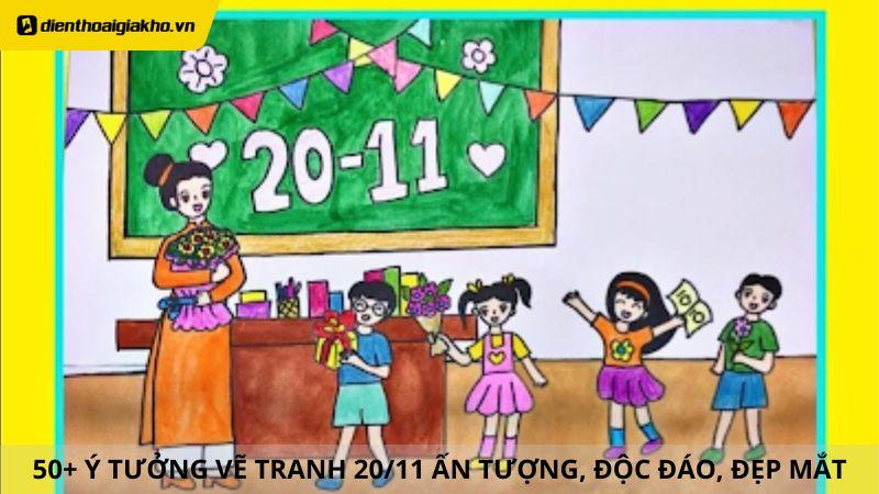 Bức tranh vẽ 20-11 đơn giản đẹp lớp 3 với hình ảnh học sinh tặng hoa cô giáo đầy cảm xúc và kính yêu