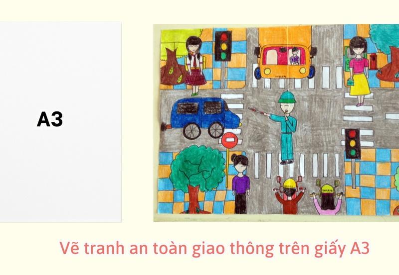 Bức tranh an toàn giao thông trên giấy A3 với cảnh các em học sinh qua đường an toàn tại vạch kẻ đường