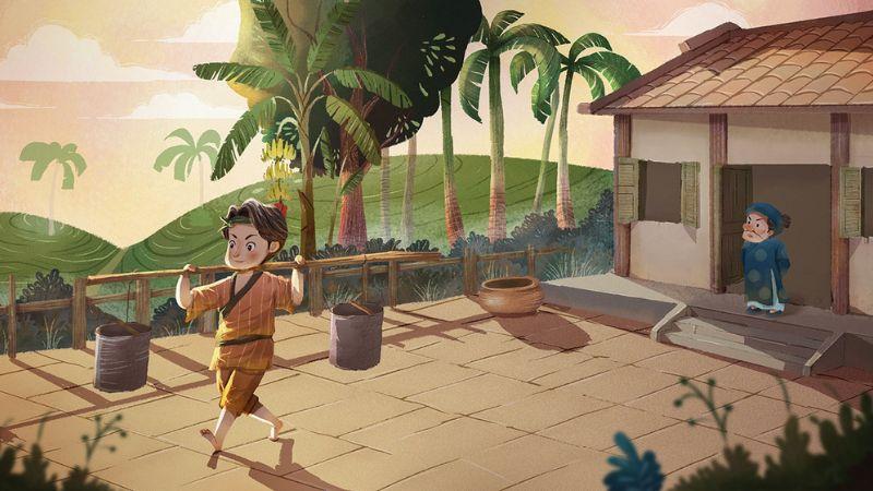 Minh họa cảnh cây tre trăm đốt thần kỳ nối liền theo câu thần chú của anh Khoai