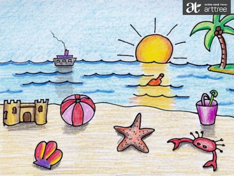 Bức tranh vẽ làng quê mùa hè lớp 7 yên bình với cánh đồng lúa và trẻ em thả diều