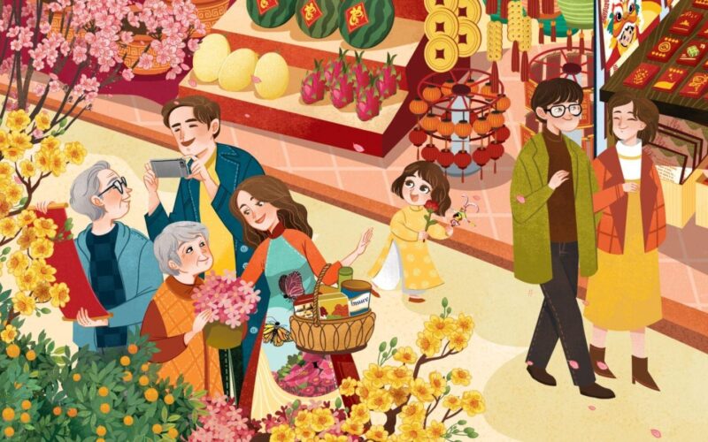 Vẽ Tranh Lễ Hội Ngày Tết: Nét Đẹp Văn Hóa Việt Bức vẽ tranh lễ hội ngày tết thể hiện không khí rộn ràng, tươi vui của ngày xuân sum vầy, có chợ hoa và người đi du xuân.