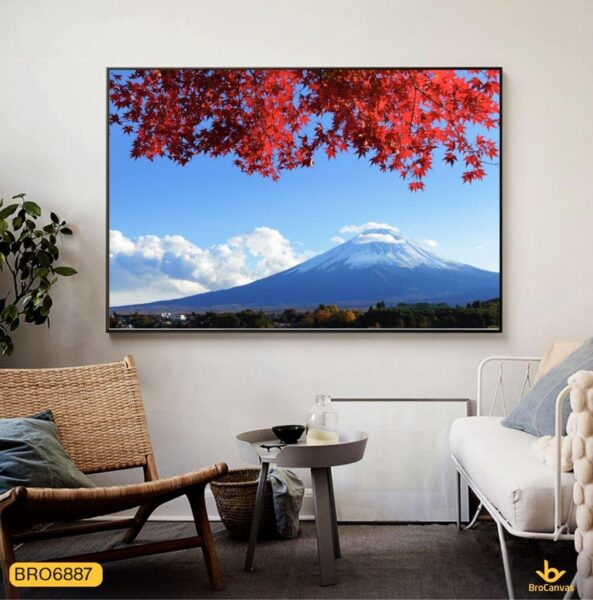 Tranh vẽ phong cảnh Nhật Bản cổ điển với núi Phú Sĩ và hoa anh đào đặc trưng