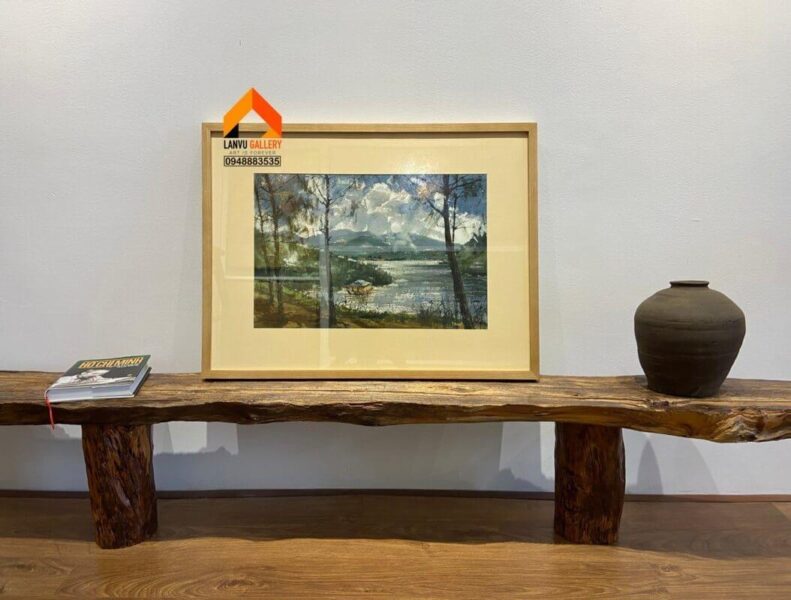 Tranh vẽ núi Phú Sĩ bằng màu nước với hiệu ứng loang màu tinh tế của bầu trời hoàng hôn