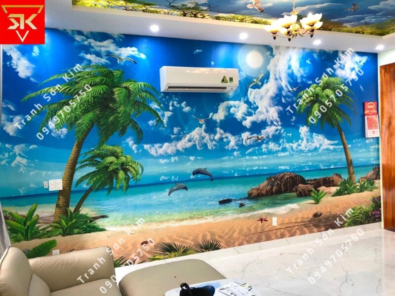 Mẫu tranh vẽ phong cảnh biển xanh cát trắng cho bé lớp 2 dễ thương và sinh động