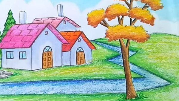 Khám Phá Kỹ Thuật Vẽ Tranh Phong Cảnh Lớp 6 Tuyệt Đẹp Bức tranh phong cảnh lớp 6 vẽ cảnh làng quê Việt Nam thanh bình với đồng lúa và mái nhà tranh