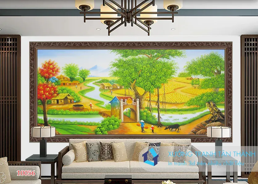 Bức tranh phong cảnh Việt Nam vẽ cảnh làng quê yên bình với mái nhà tranh và cây đa cổ thụ