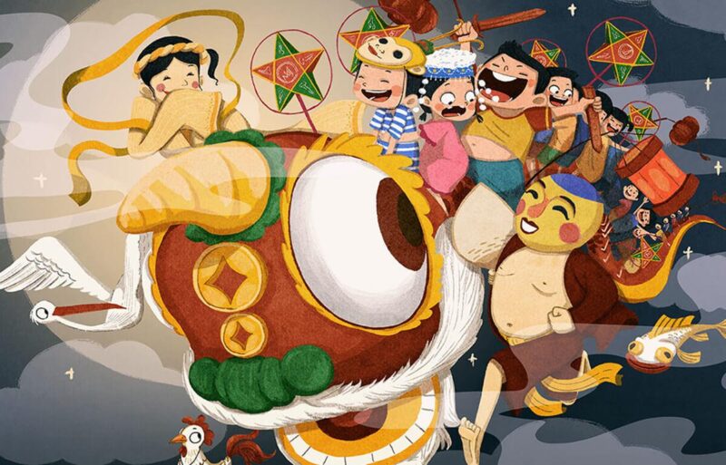 Vẽ tranh Trung Thu lớp 8 với hình ảnh các em nhỏ rước đèn ông sao lung linh dưới ánh trăng rằm