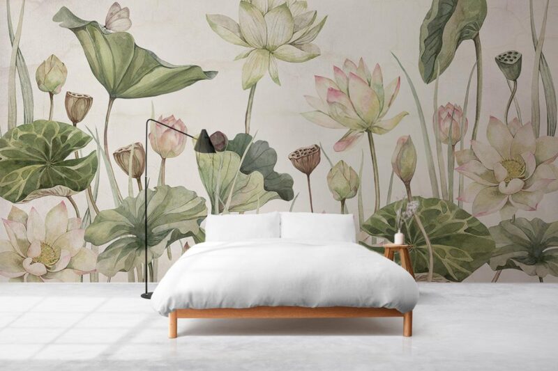 Ý tưởng vẽ tranh tường phòng ngủ với họa tiết hoa lá nhẹ nhàng và màu sắc trang nhã, tạo cảm giác thư thái