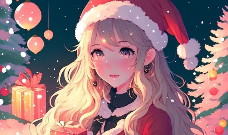 Ảnh anime chibi cô gái đội mũ Noel đỏ đáng yêu