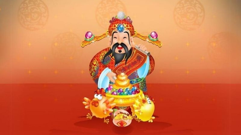 Ảnh nền Thần Tài ngồi trên núi tiền vàng cười rạng rỡ