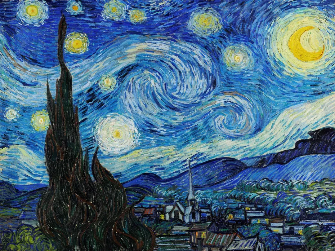 Ảnh bức tranh "Đêm Đầy Sao" của họa sĩ Van Gogh, thể hiện bầu trời đêm cuộn xoáy đầy sao và cảm xúc mạnh mẽ