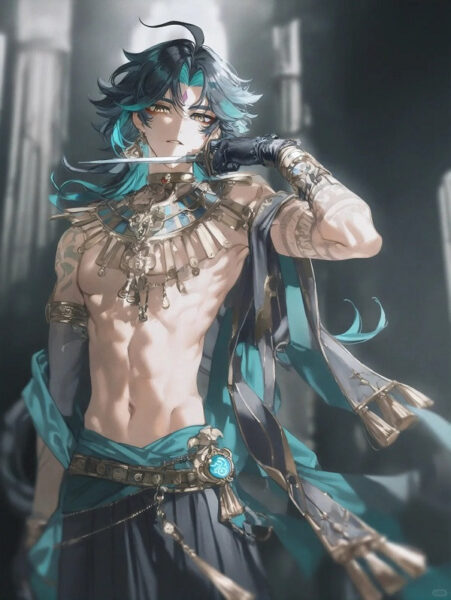 Ảnh Xiao đứng trên núi cao trong ánh hoàng hôn