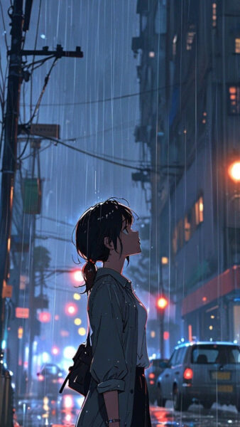anime cô gái đứng dưới mưa với ánh mắt vô hồn