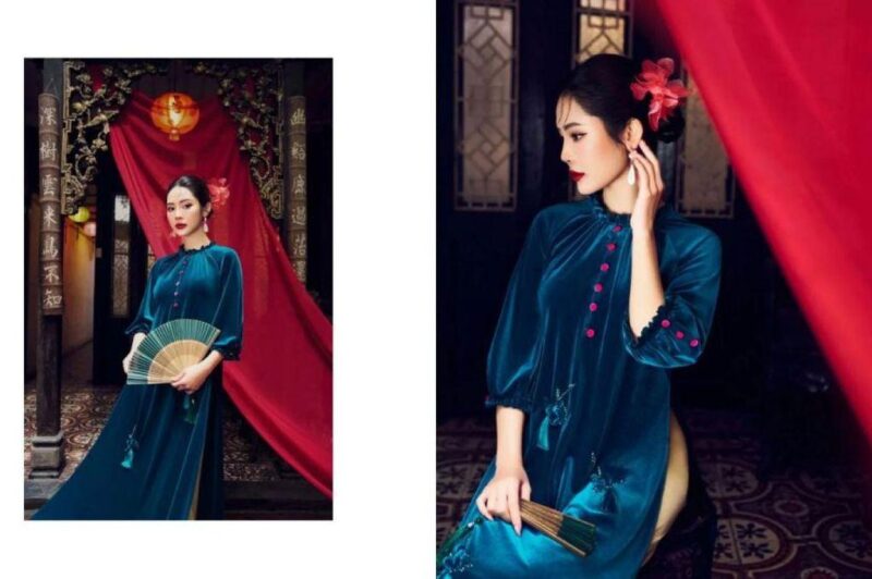 Mẫu áo dài màu xanh ngọc lục bảo sang trọng phù hợp với người da ngăm