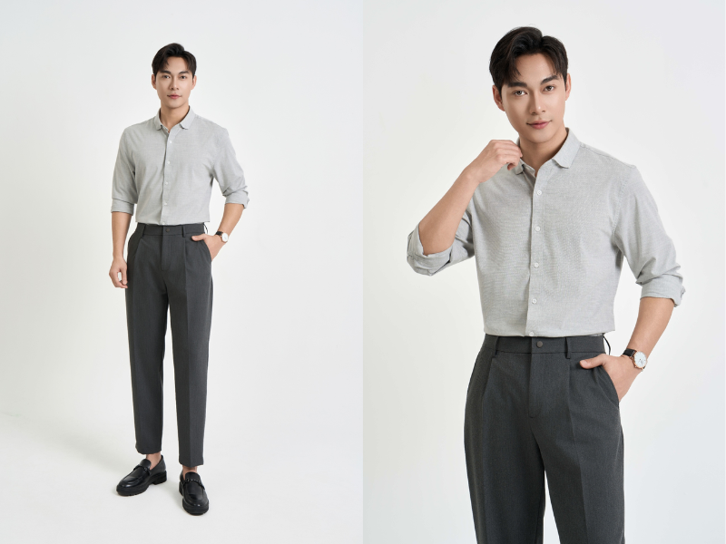 Ao so mi nau phoi quan mau trung tinh nhu trang den xam tao nen phong cach thanh lich co dien