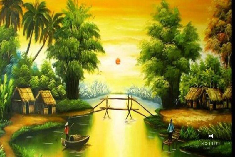 Bức vẽ phong cảnh quê hương với cánh đồng lúa và núi xa