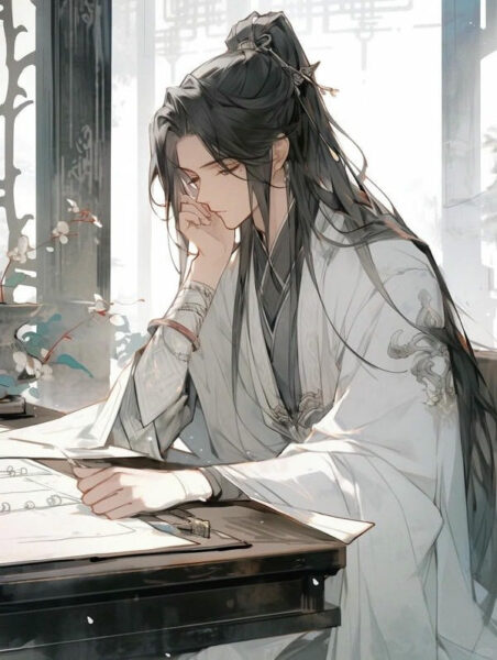 Ảnh Anime Nam Cổ Trang Đẹp Và Đầy Khí Chất Chàng trai anime cổ trang với y phục màu tối và khí chất bí ẩn