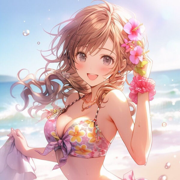 Cô gái anime tóc nâu cười rạng rỡ trong bộ bikini