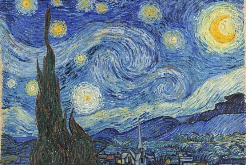 Khám Phá Thế Giới Tuyệt Tác Qua Tranh Của Họa Sĩ Van Gogh Bức tranh Đêm đầy sao, tác phẩm nổi tiếng của họa sĩ Van Gogh với bầu trời xoáy cuộn đầy cảm xúc.