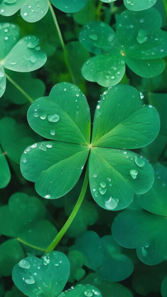 Hình ảnh cỏ bốn lá xanh mướt trên nền bokeh, biểu tượng may mắn trong kì thi