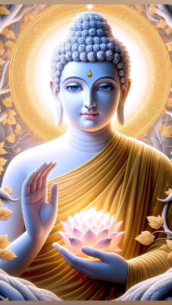 Hình ảnh Đức Phật ngồi thiền trong không gian 3D với ánh sáng lung linh
