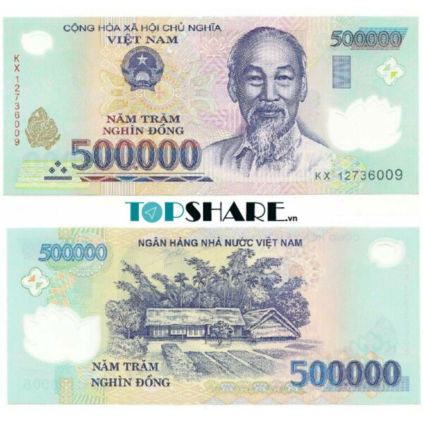 Hình ảnh mặt trước tờ tiền giấy 500000 VNĐ Việt Nam có in hình Ngôi nhà Bác Hồ ở Kim Liên